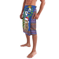 Blue sarong skirt with cat graphic and Santa hat, side view with folk border pattern