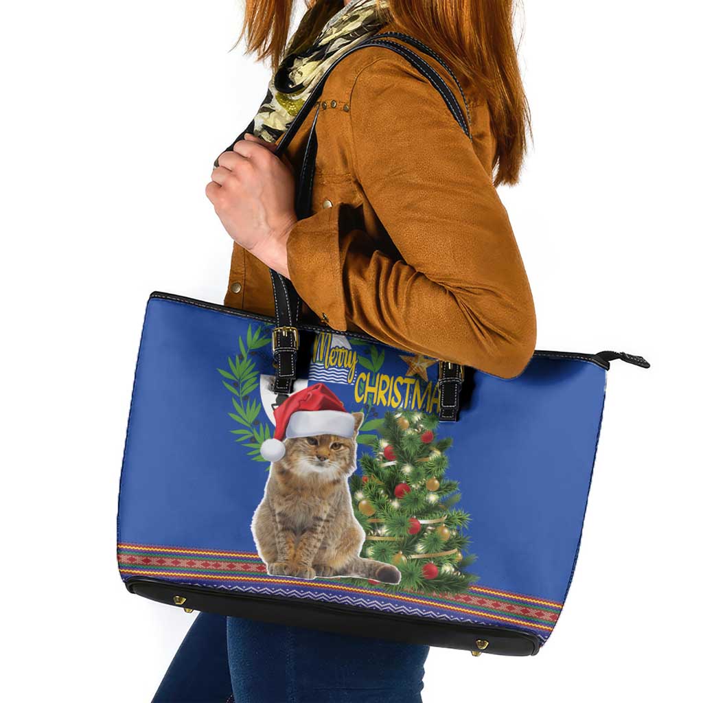 Uruguay Christmas Leather Tote Bag Pampas Cat With Folk Pattern - Wonder Print Shop