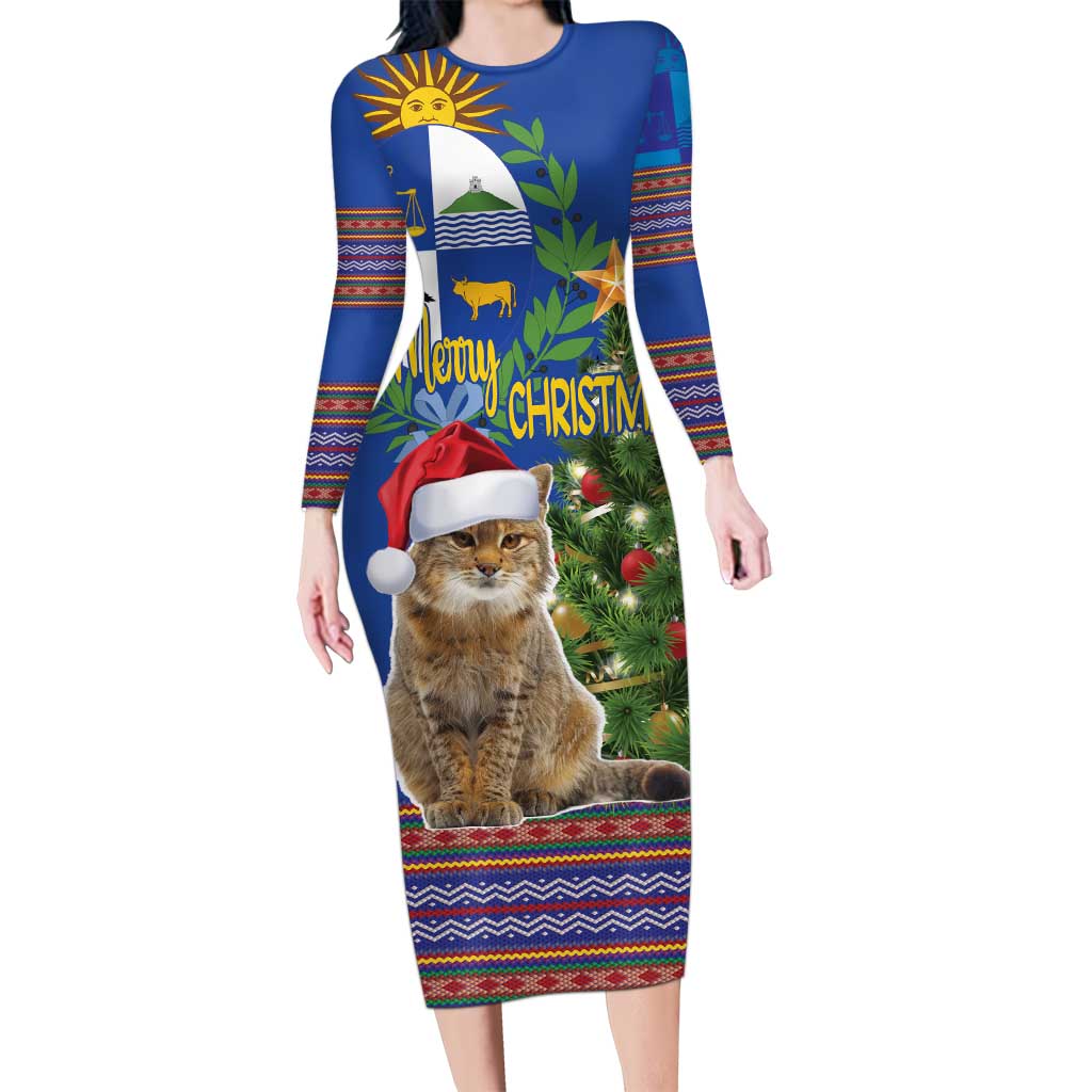 Uruguay Christmas Long Sleeve Bodycon Dress Pampas Cat With Folk Pattern - Wonder Print Shop