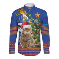 Blue long-sleeve button shirt with sitting cat in Santa hat and Christmas folk print
