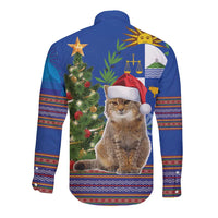Blue long-sleeve button shirt, back view with cat wearing Santa hat and folk Christmas border