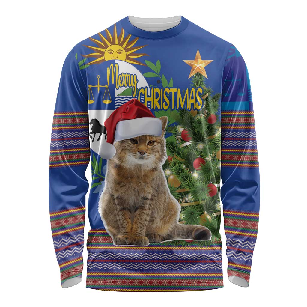 Uruguay Christmas Long Sleeve Shirt Pampas Cat With Folk Pattern - Wonder Print Shop