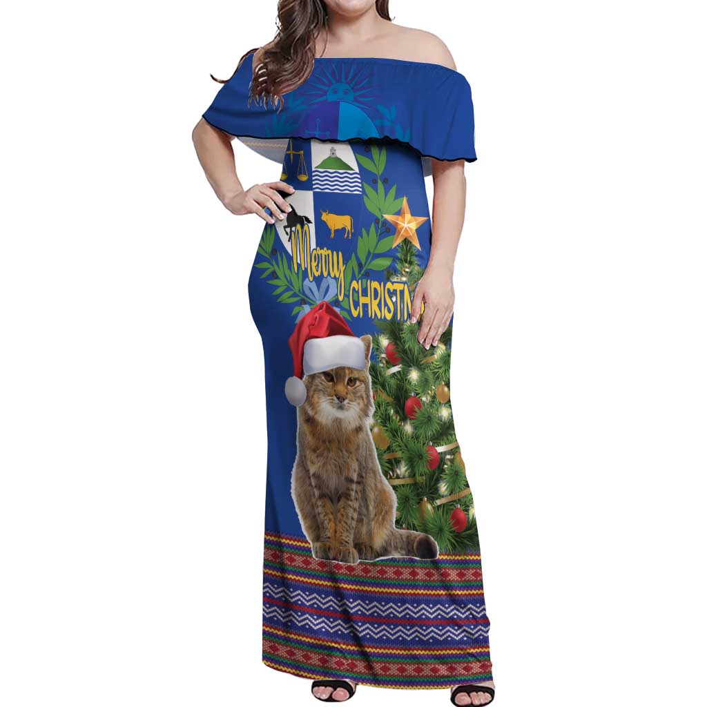 Uruguay Christmas Off Shoulder Maxi Dress Pampas Cat With Folk Pattern - Wonder Print Shop