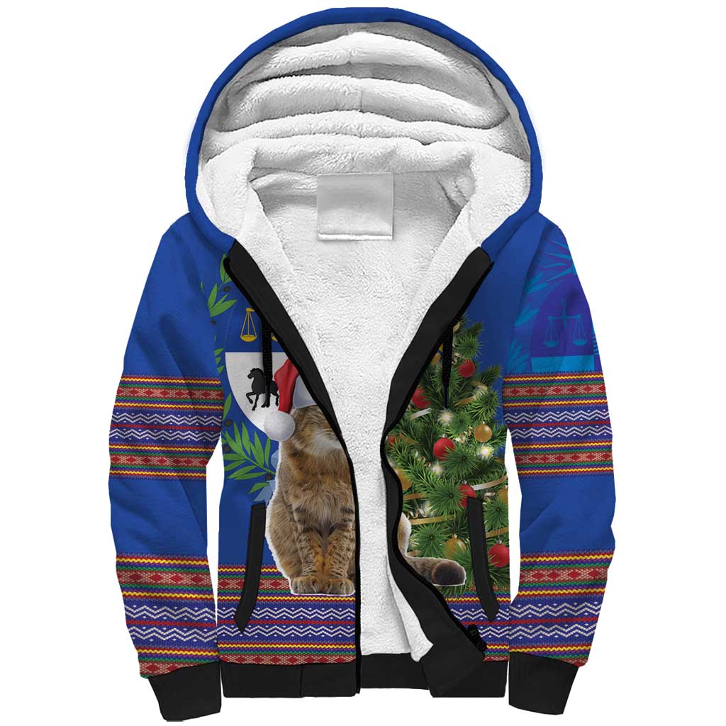 Uruguay Christmas Sherpa Hoodie Pampas Cat With Folk Pattern - Wonder Print Shop