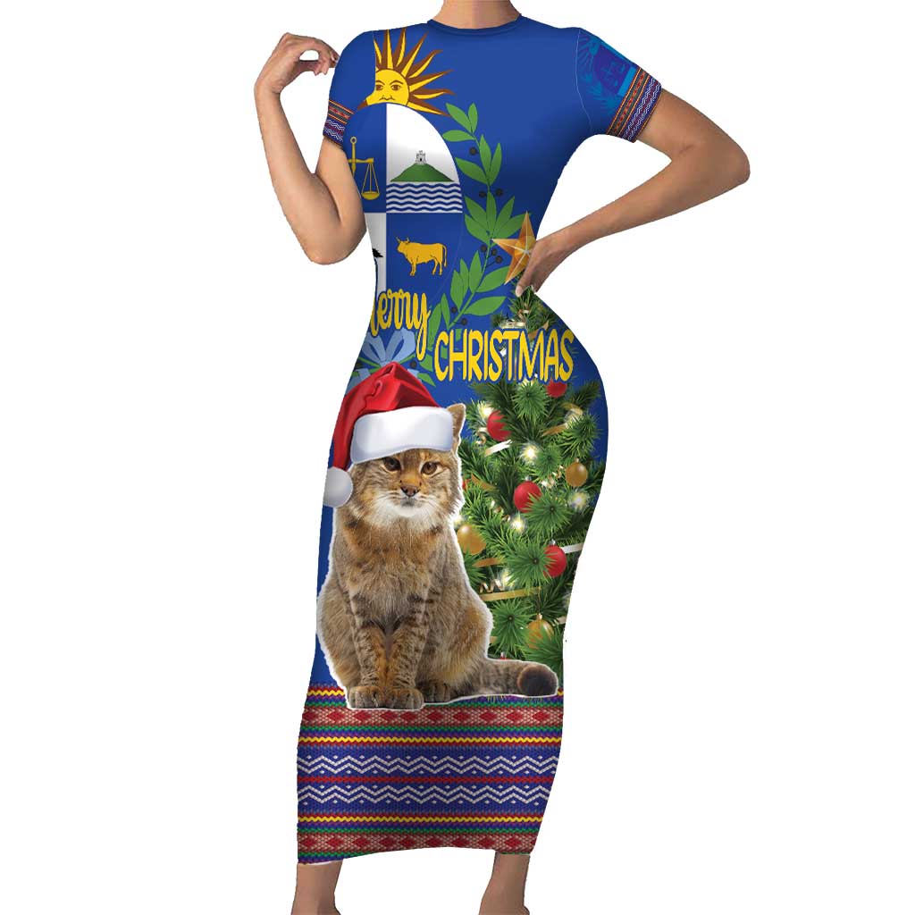 Uruguay Christmas Short Sleeve Bodycon Dress Pampas Cat With Folk Pattern - Wonder Print Shop