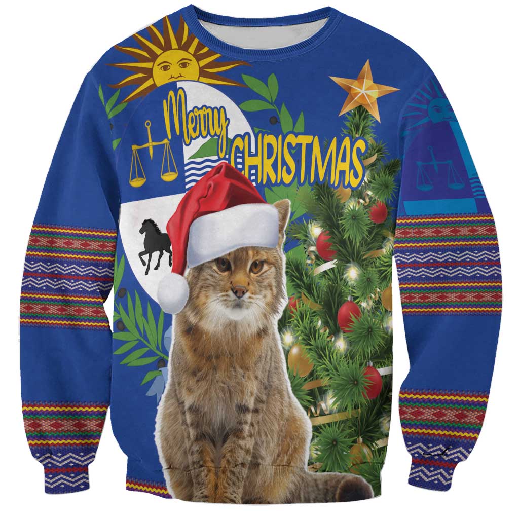 Uruguay Christmas Sweatshirt Pampas Cat With Folk Pattern - Wonder Print Shop