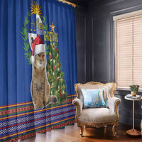 Blue Christmas curtain panel with standing cat and decorated tree in folk pattern