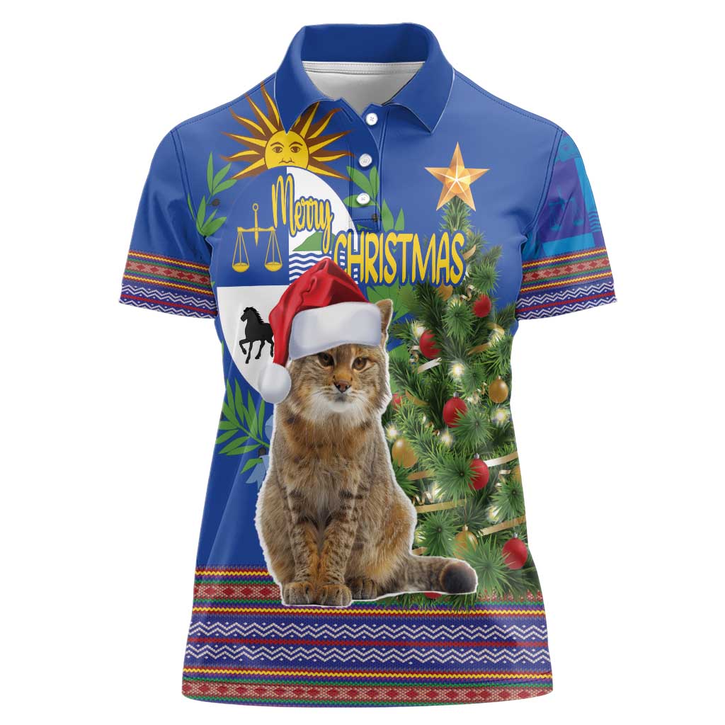 Uruguay Christmas Women Polo Shirt Pampas Cat With Folk Pattern - Wonder Print Shop