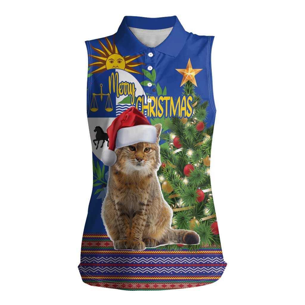 Uruguay Christmas Women Sleeveless Polo Shirt Pampas Cat With Folk Pattern - Wonder Print Shop