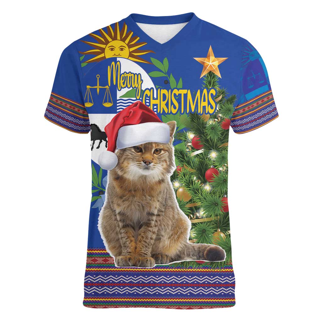 Uruguay Christmas Women V-Neck T-Shirt Pampas Cat With Folk Pattern - Wonder Print Shop