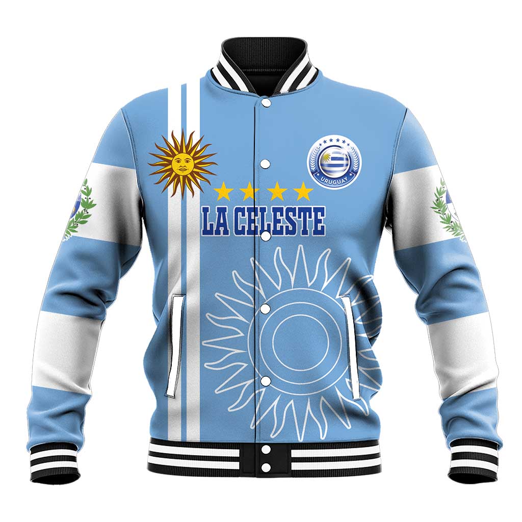 Light blue varsity baseball jacket with snap front, striped cuffs, crest and sun graphic