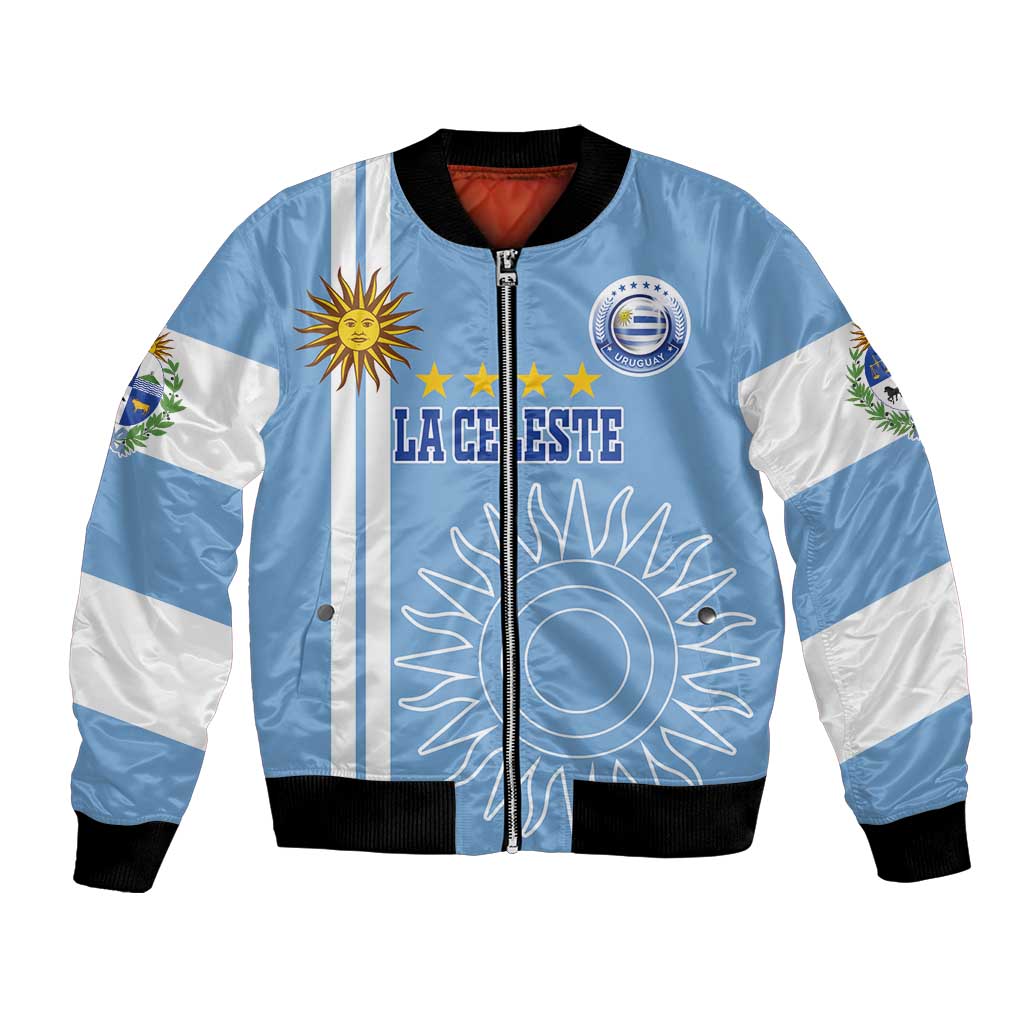 Light blue and white varsity bomber jacket with full zip, sun graphic, and ribbed cuffs