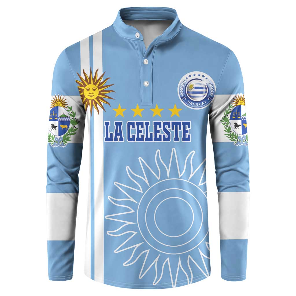 Light blue button sweatshirt with Uruguay crest, stars, sun and side stripes