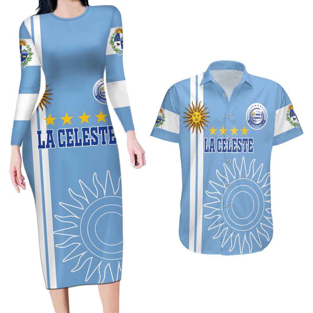 Custom Uruguay Football Couples Matching Long Sleeve Bodycon Dress and Hawaiian Shirt Sun of May The Sky Blue - Wonder Print Shop