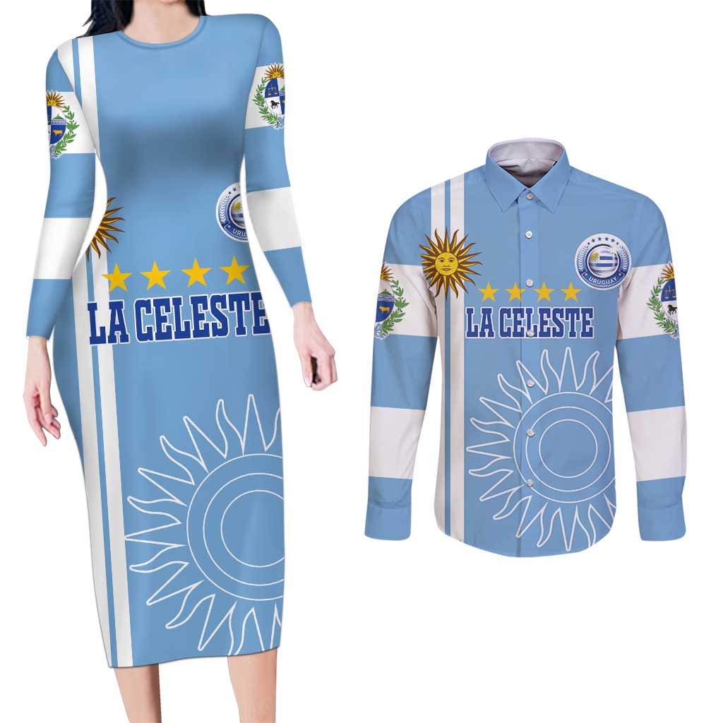 Custom Uruguay Football Couples Matching Long Sleeve Bodycon Dress and Long Sleeve Button Shirt Sun of May The Sky Blue - Wonder Print Shop