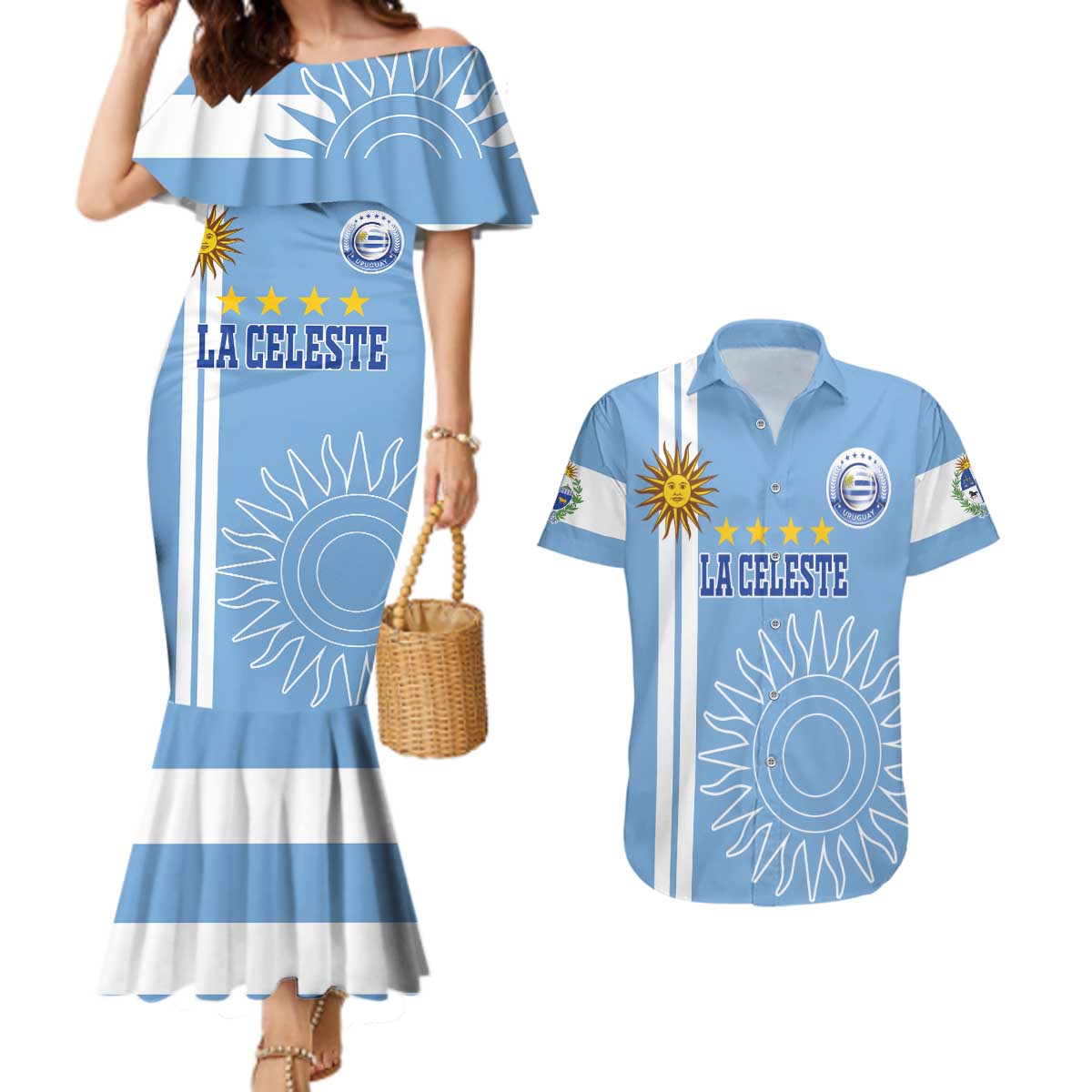 Custom Uruguay Football Couples Matching Mermaid Dress and Hawaiian Shirt Sun of May The Sky Blue - Wonder Print Shop