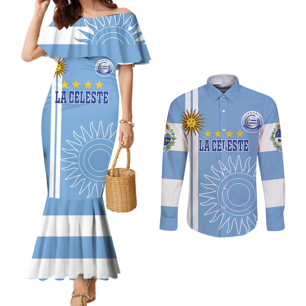 Custom Uruguay Football Couples Matching Mermaid Dress and Long Sleeve Button Shirt Sun of May The Sky Blue