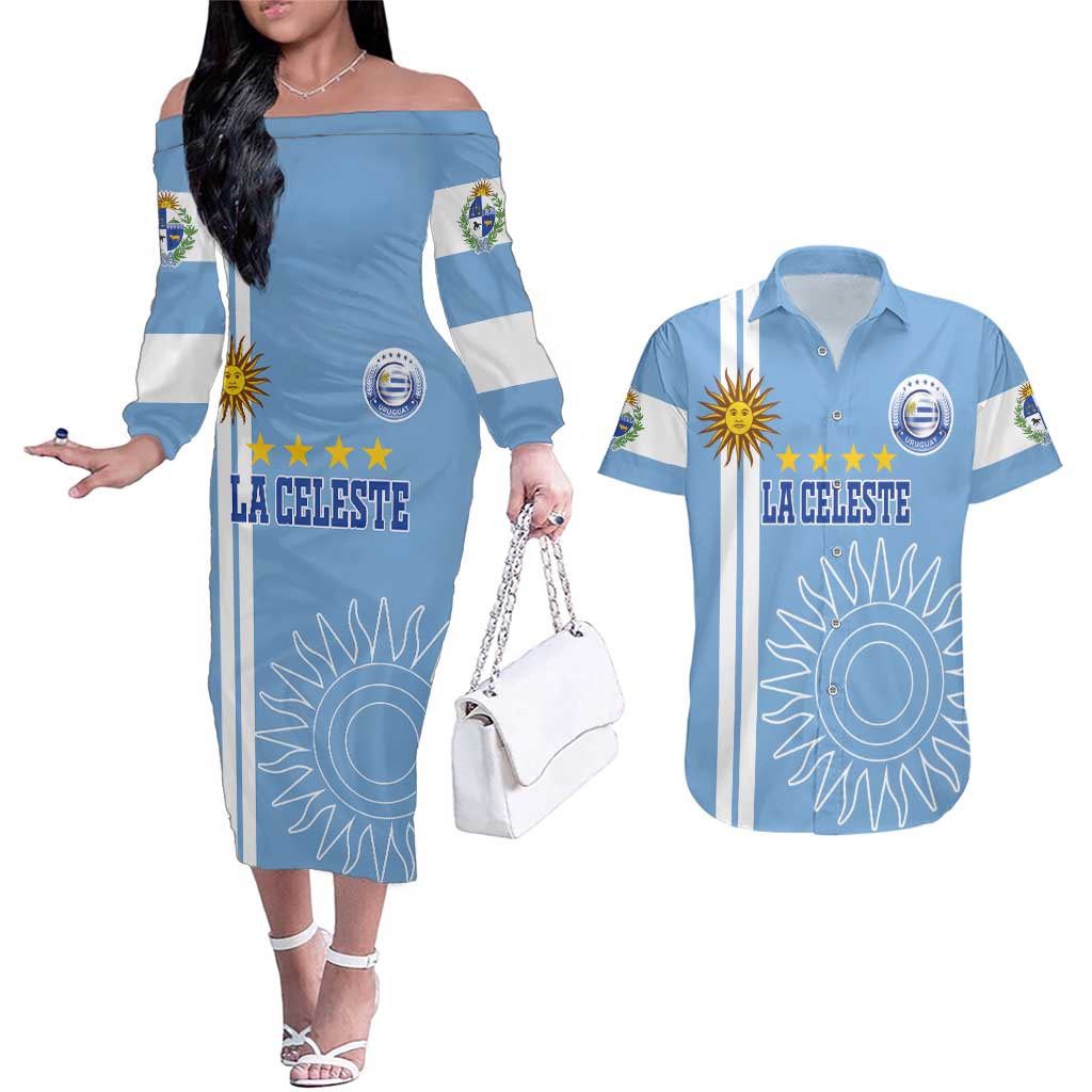 Custom Uruguay Football Couples Matching Off The Shoulder Long Sleeve Dress and Hawaiian Shirt Sun of May The Sky Blue - Wonder Print Shop