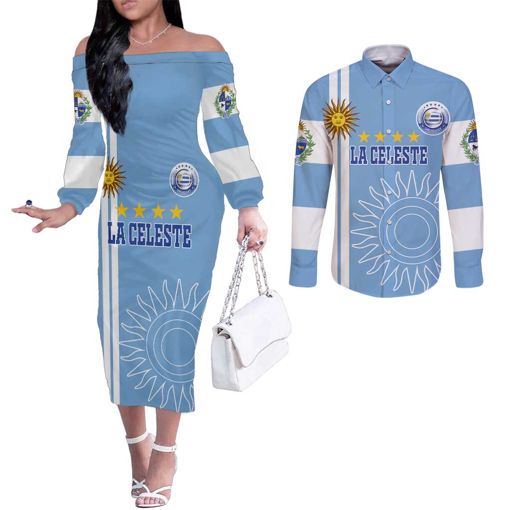 Custom Uruguay Football Couples Matching Off The Shoulder Long Sleeve Dress and Long Sleeve Button Shirt Sun of May The Sky Blue