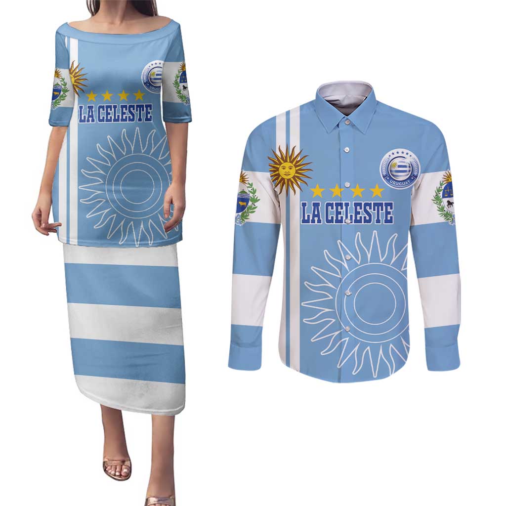 Custom Uruguay Football Couples Matching Puletasi and Long Sleeve Button Shirt Sun of May The Sky Blue - Wonder Print Shop