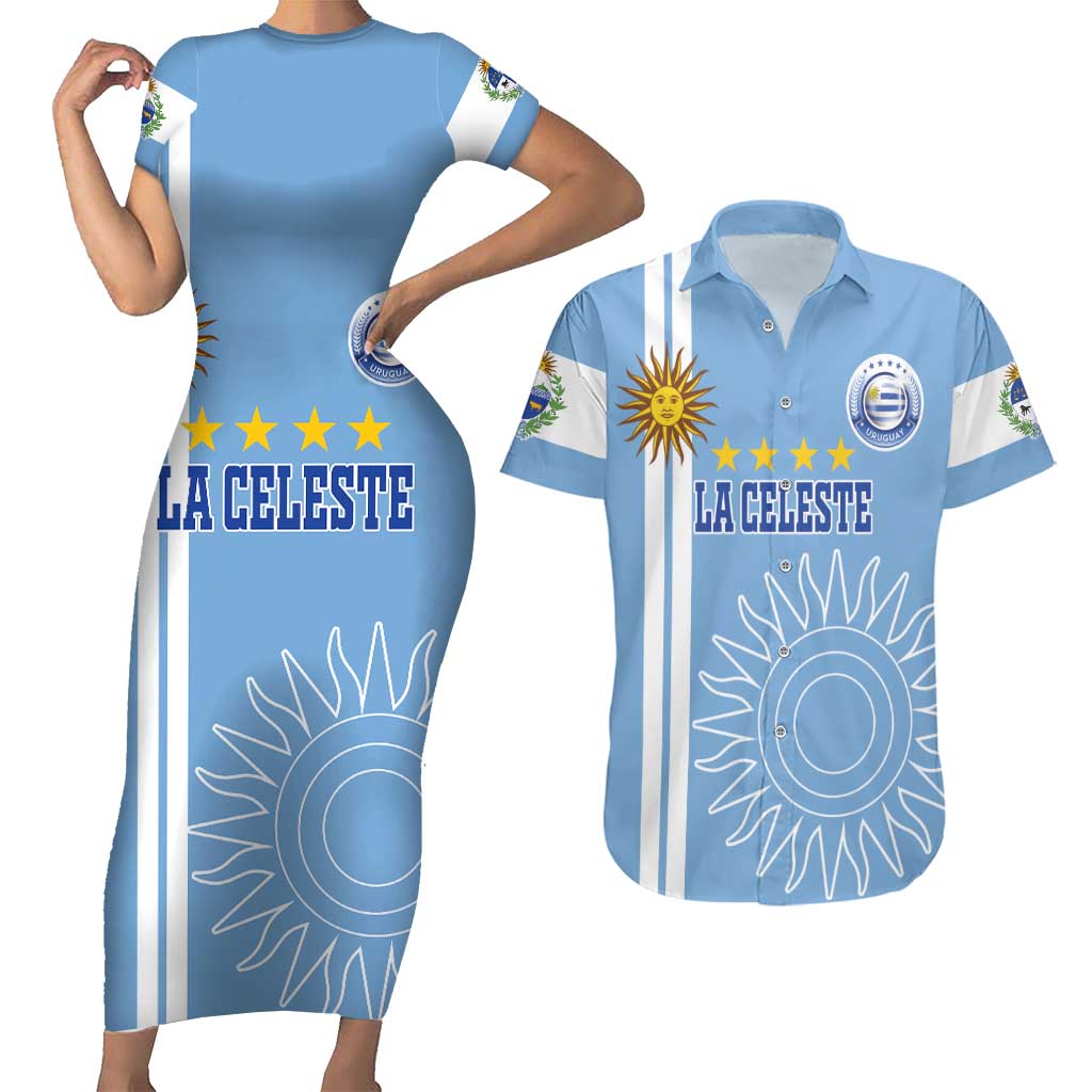 Custom Uruguay Football Couples Matching Short Sleeve Bodycon Dress and Hawaiian Shirt Sun of May The Sky Blue - Wonder Print Shop