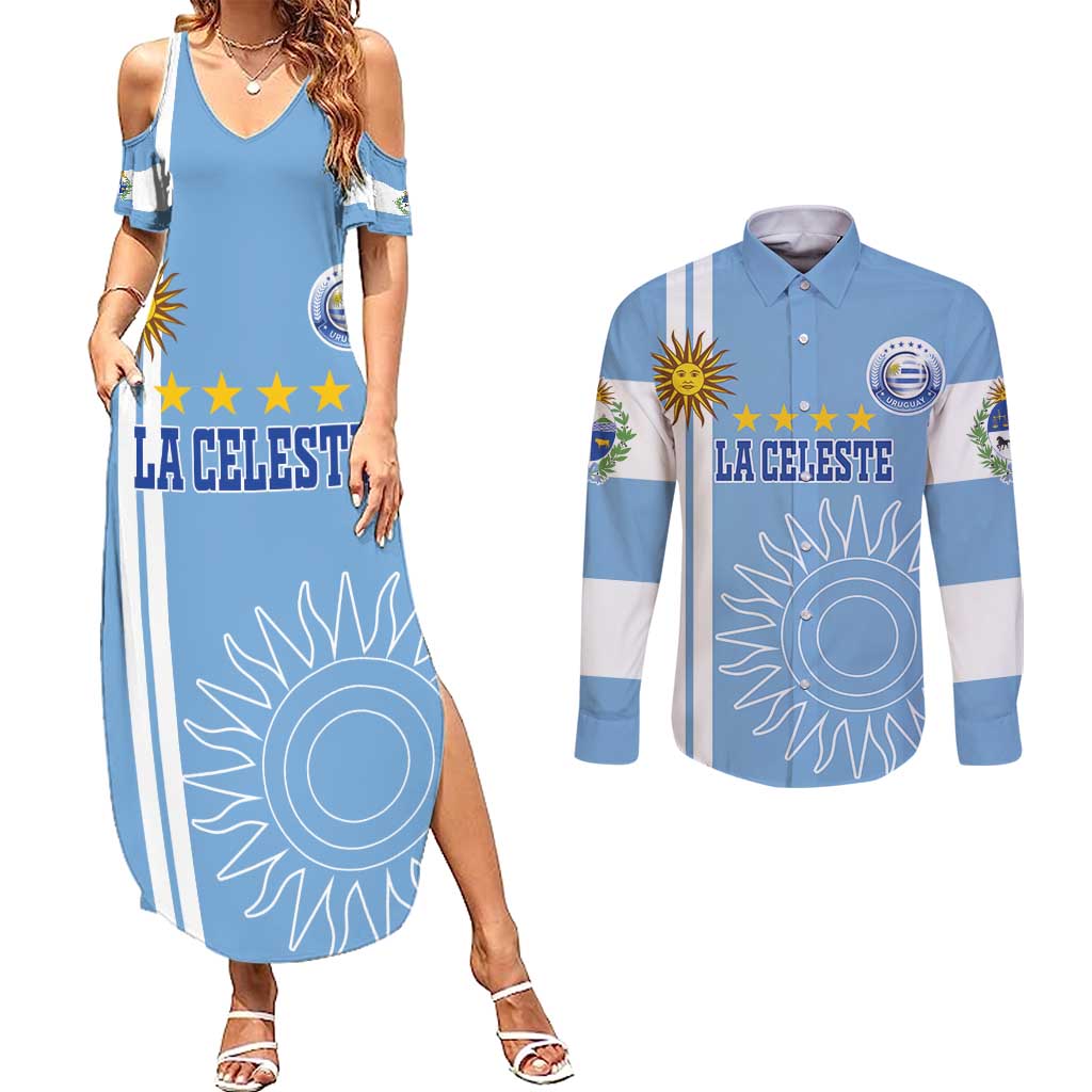 Custom Uruguay Football Couples Matching Summer Maxi Dress and Long Sleeve Button Shirt Sun of May The Sky Blue - Wonder Print Shop