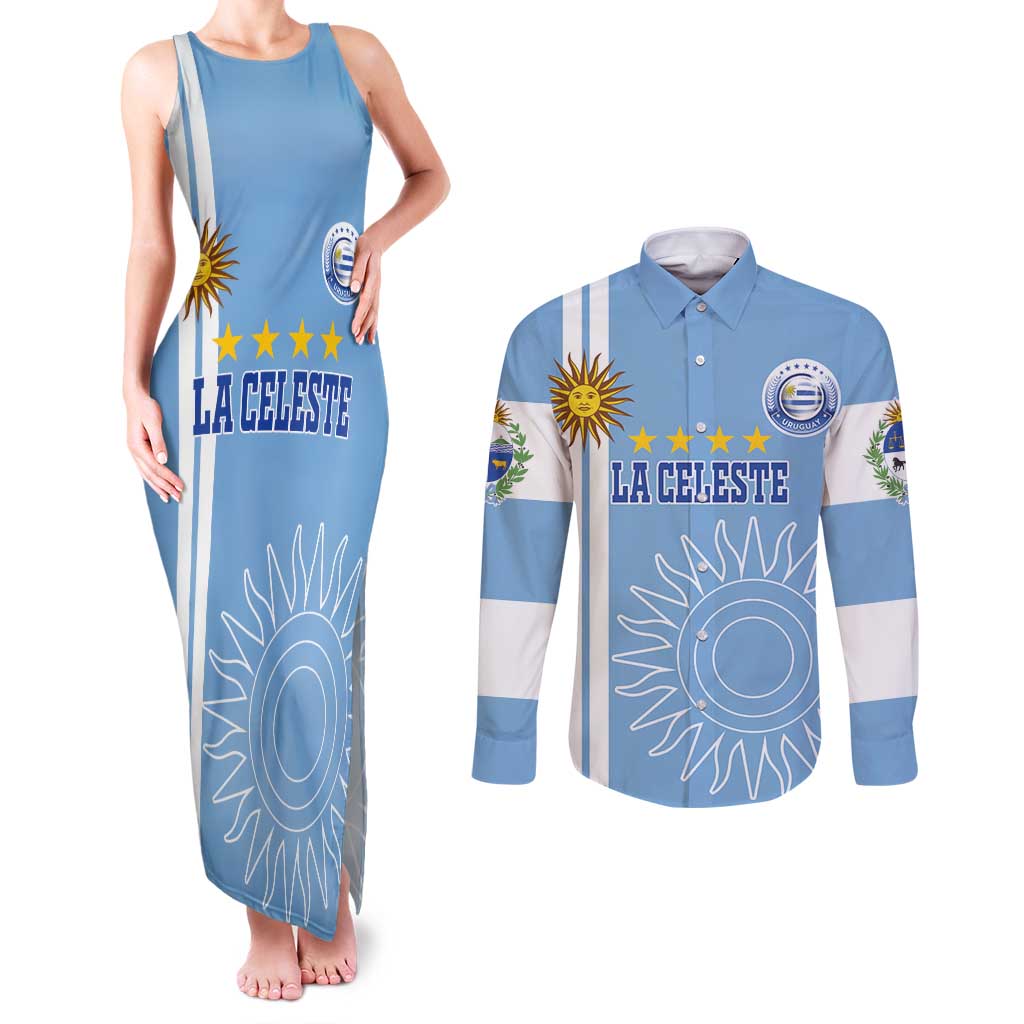 Custom Uruguay Football Couples Matching Tank Maxi Dress and Long Sleeve Button Shirt Sun of May The Sky Blue - Wonder Print Shop