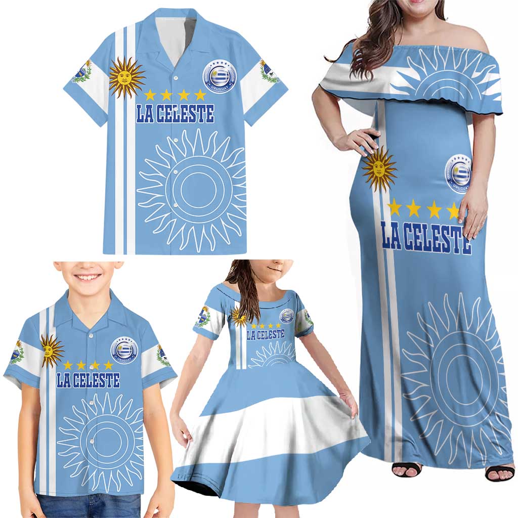 Custom Uruguay Football Family Matching Off Shoulder Maxi Dress and Hawaiian Shirt Sun of May The Sky Blue - Wonder Print Shop