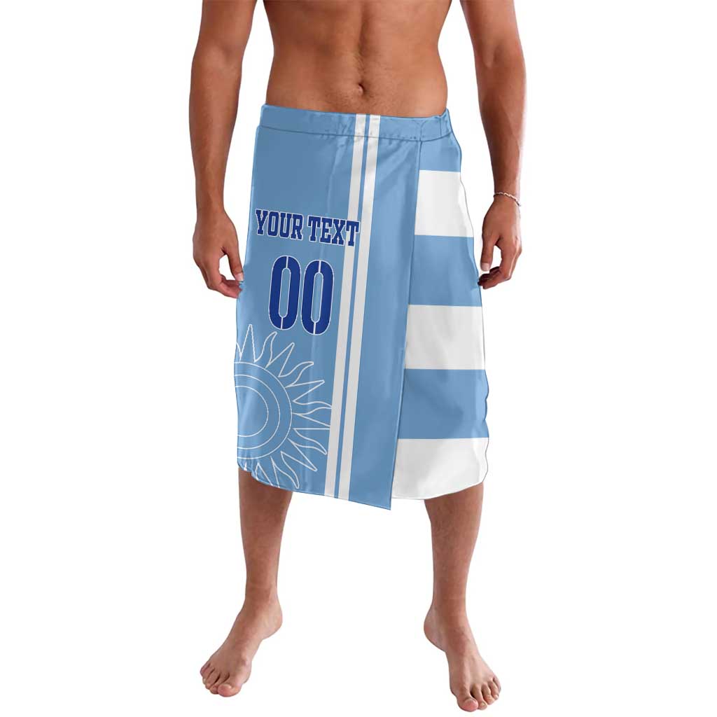 Men's blue and white striped football-style wrap shorts with custom text and number print
