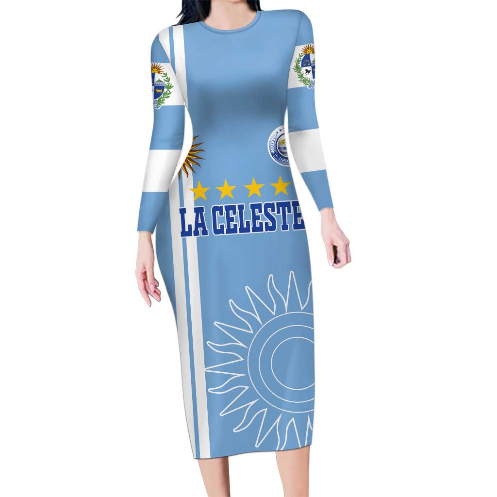 Custom Uruguay Football Long Sleeve Bodycon Dress Sun of May The Sky Blue - Wonder Print Shop