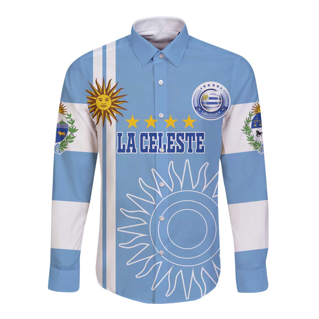 Light sky-blue long sleeve button football shirt with Uruguay crest and la celeste sun graphic