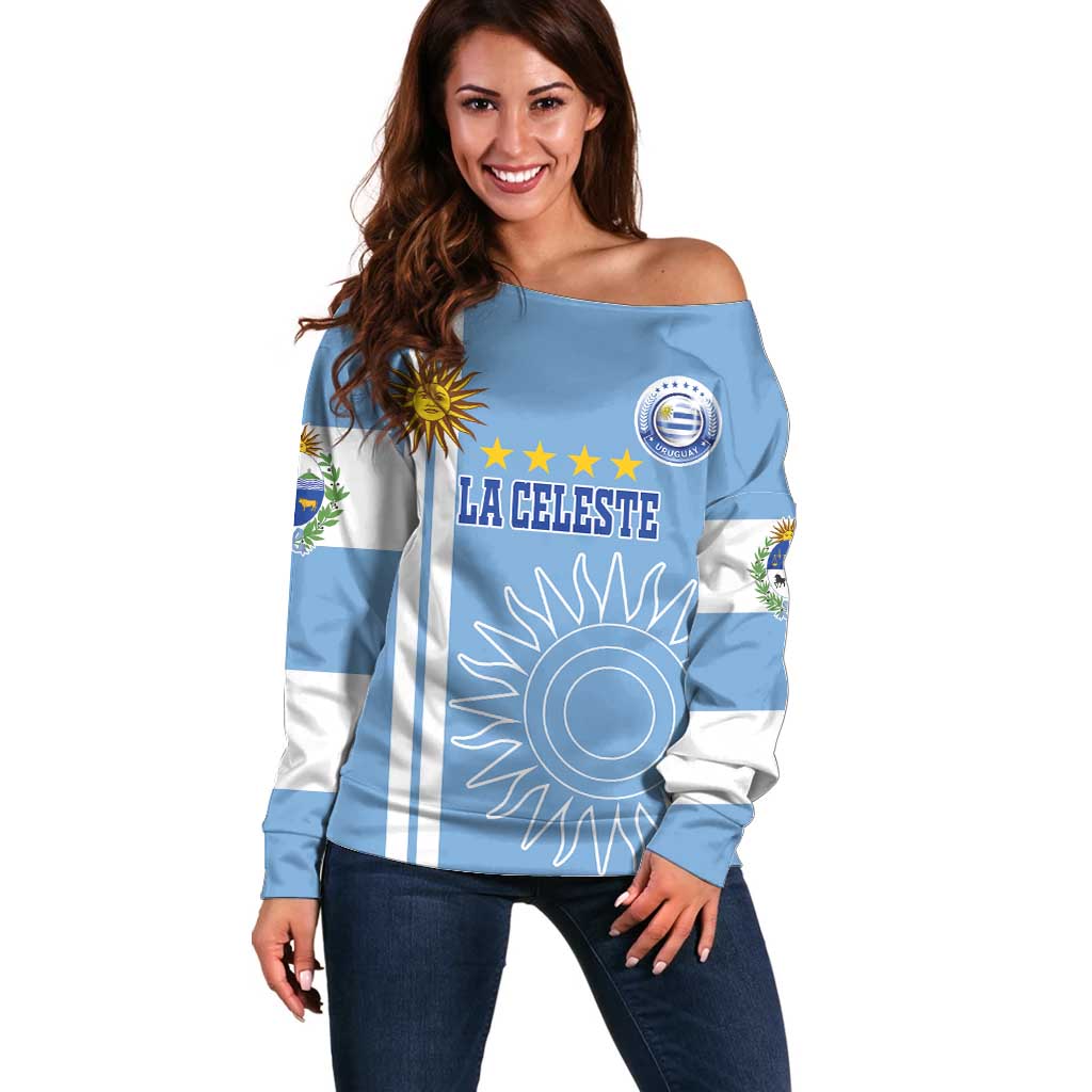 Custom Uruguay Football Off Shoulder Sweater Sun of May The Sky Blue - Wonder Print Shop