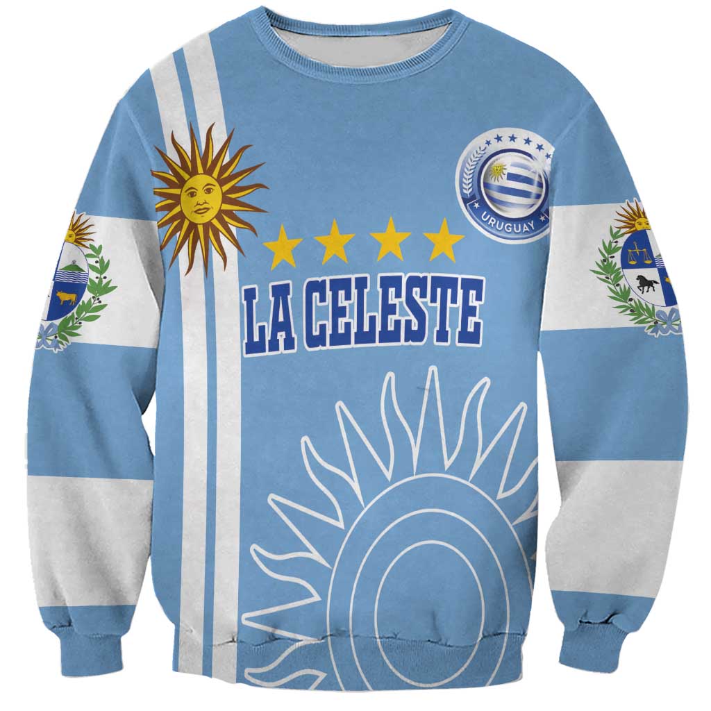 Blue unisex football sweatshirt with stripe panels and sun graphic on front