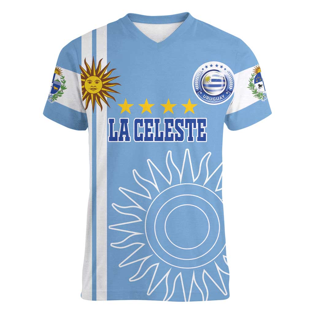 Custom Uruguay Football Women V-Neck T-Shirt Sun of May The Sky Blue - Wonder Print Shop