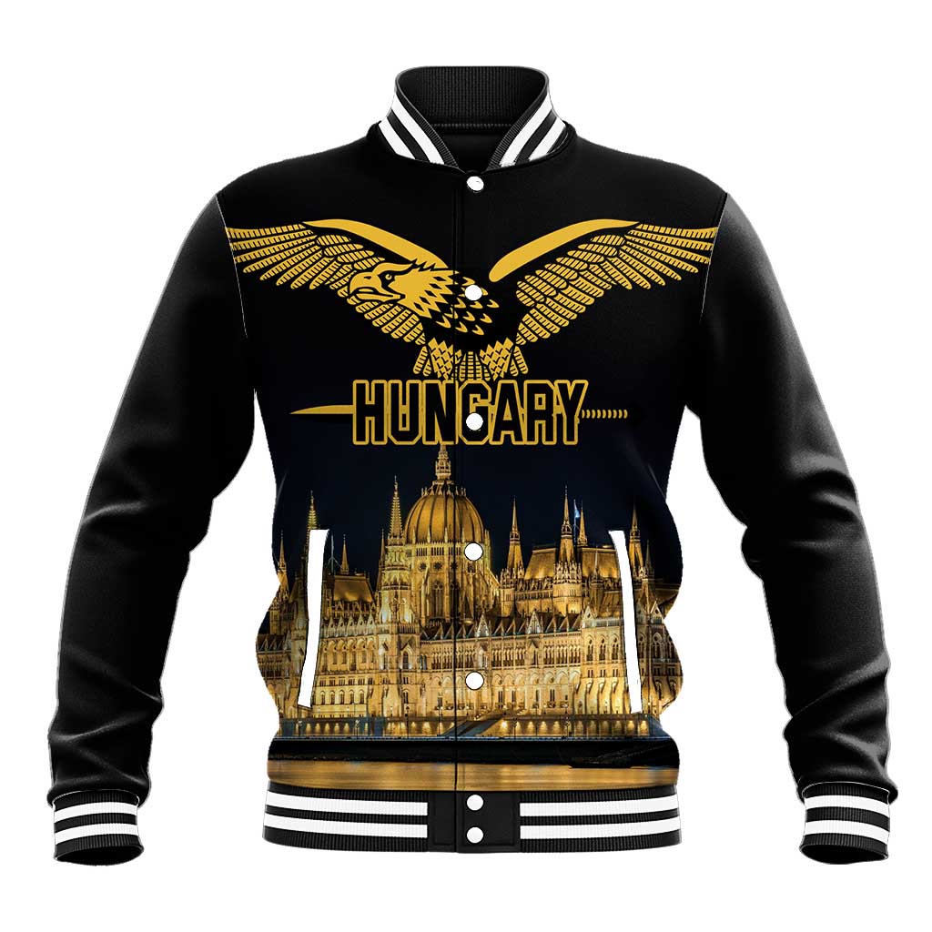 Black baseball jacket with gold bird graphic and HUNGARY text
