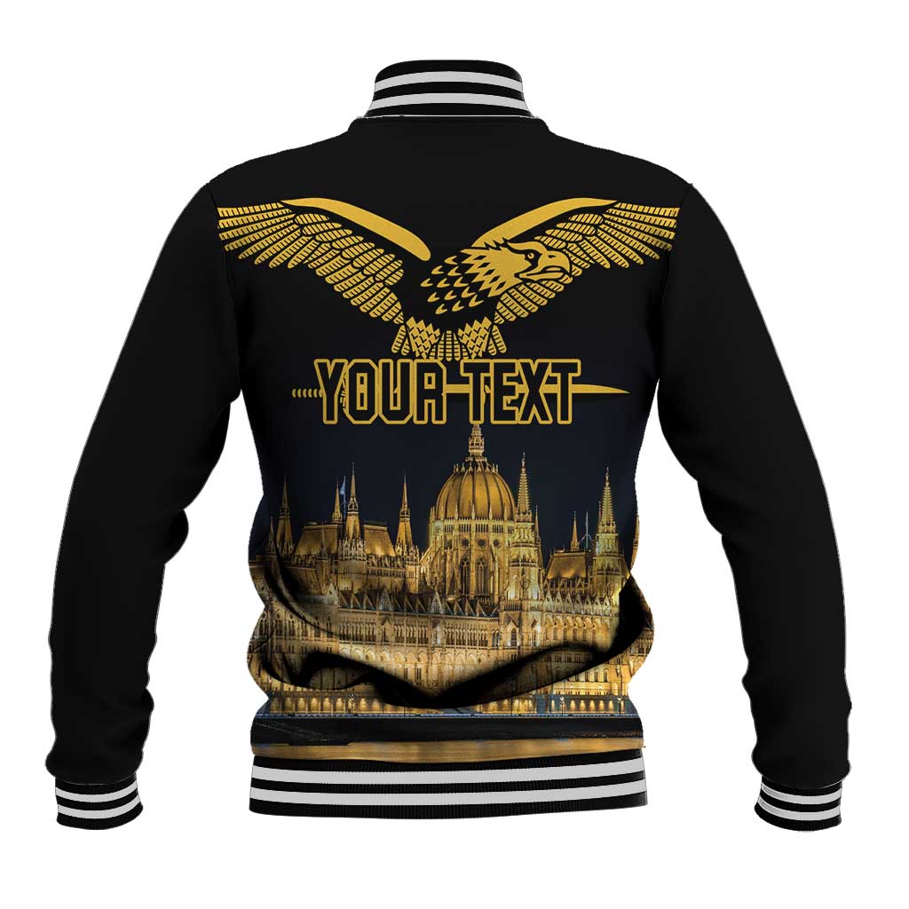 Black baseball jacket with gold bird back graphic and YOUR TEXT banner