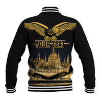 Black baseball jacket with gold bird back graphic and YOUR TEXT banner