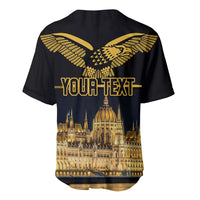 Black back view baseball jersey with gold turul wings, city skyline, YOUR TEXT