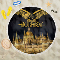 Top-view round black beach blanket with white fringe; gold Turul bird, Budapest skyline, "Your Text"