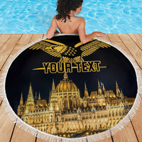 Round black beach blanket with white fringe; gold Turul bird and Budapest skyline print, "Your Text"