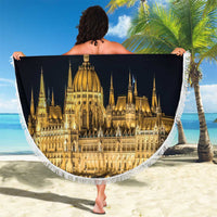 Round black beach blanket with white fringe; gold Turul bird and Budapest skyline, "Your Text"