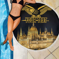 Round black beach blanket with white fringe; gold Turul bird and Budapest skyline, "Your Text"