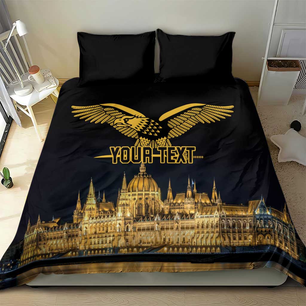 Black duvet set with gold bird emblem and Budapest-style palace skyline print, two pillowcases
