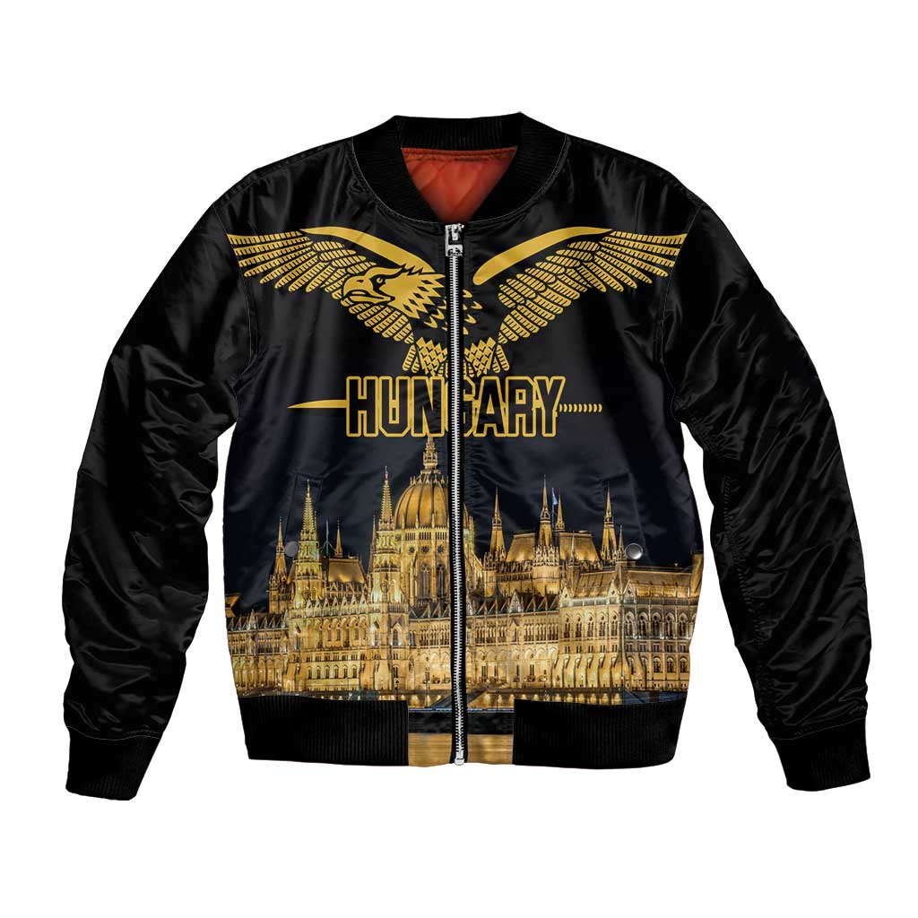 Black bomber jacket with gold winged bird graphic, Budapest skyline, front zipper