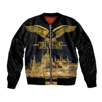 Black bomber jacket with gold winged bird graphic, Budapest skyline, front zipper