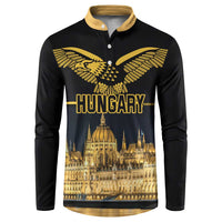 Black button sweatshirt with gold eagle, "HUNGARY" text, and skyline print, button front