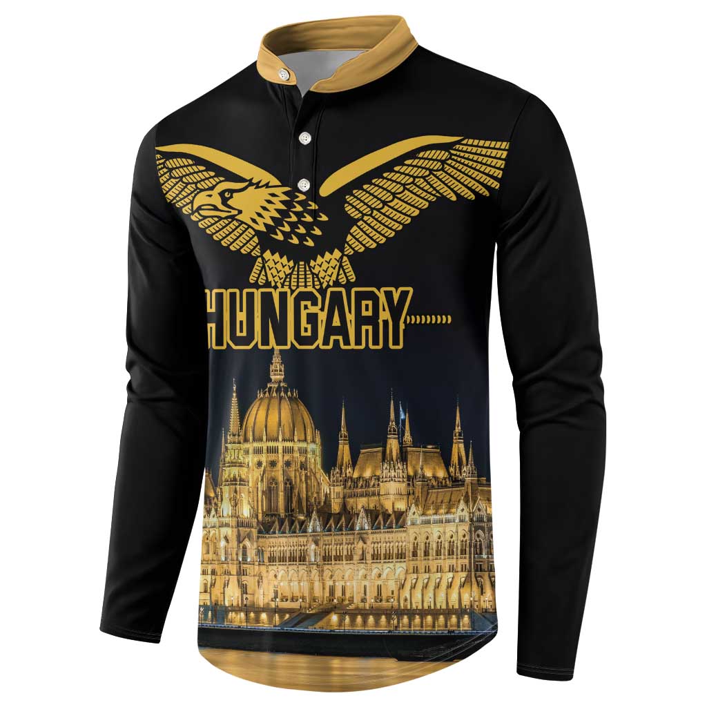 Black button sweatshirt with gold eagle graphic and "HUNGARY" front, skyline print