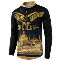 Black button sweatshirt with gold eagle graphic and "HUNGARY" front, skyline print