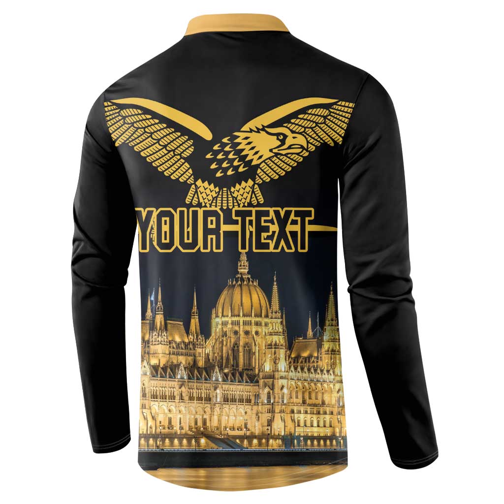 Black button sweatshirt with gold eagle graphic, skyline print, "YOUR TEXT" front