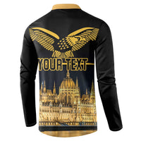Black button sweatshirt with gold eagle graphic, skyline print, "YOUR TEXT" front